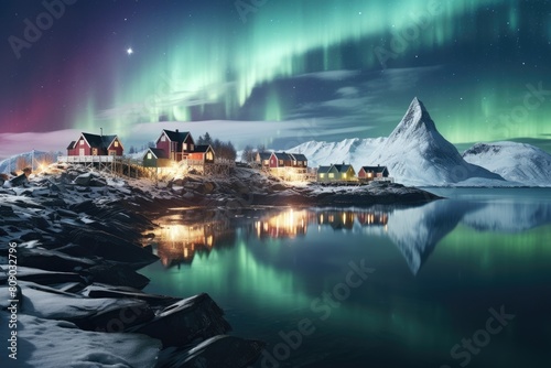 Majestic Northern Lights Over Snowy Norwegian Village. Aurora.