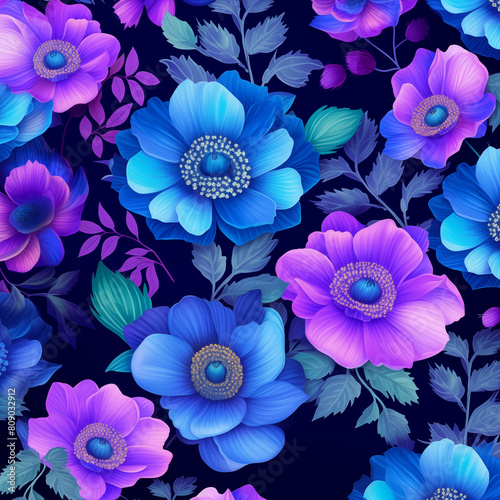purple and blue flowers on a black background
