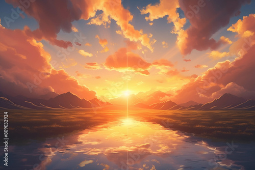 sunset over a lake with mountains and clouds in the background photo