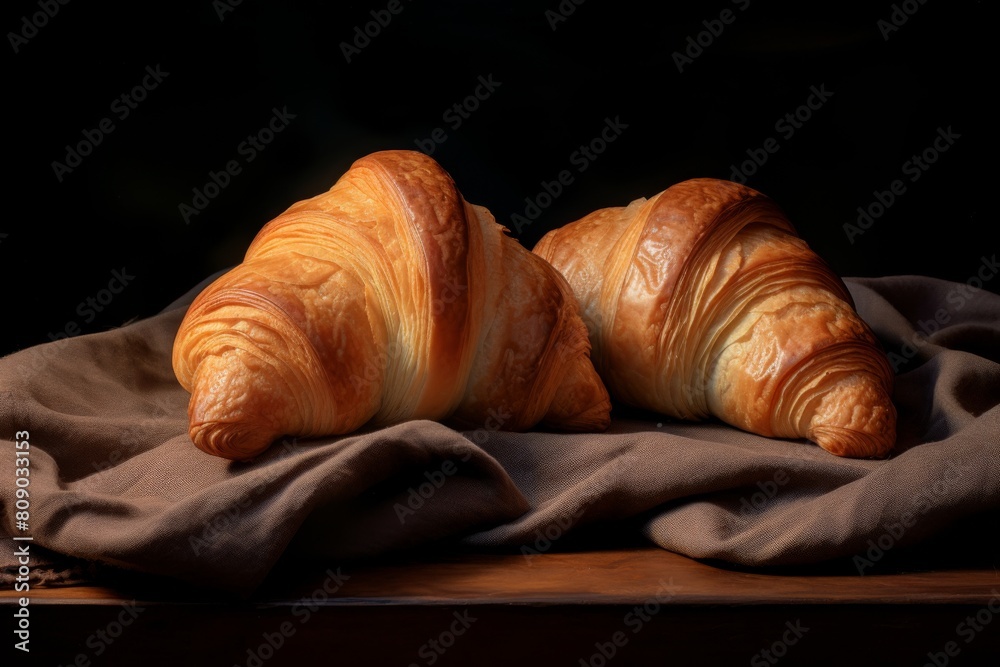 Two croissants laid on a slate isolated on black background. Croissants close-up on a wooden table Two croissants laid on a slate isolated on black background. Croissants close-up on a wooden table