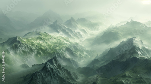 mountains covered in green grass and fog with a bird flying over them photo