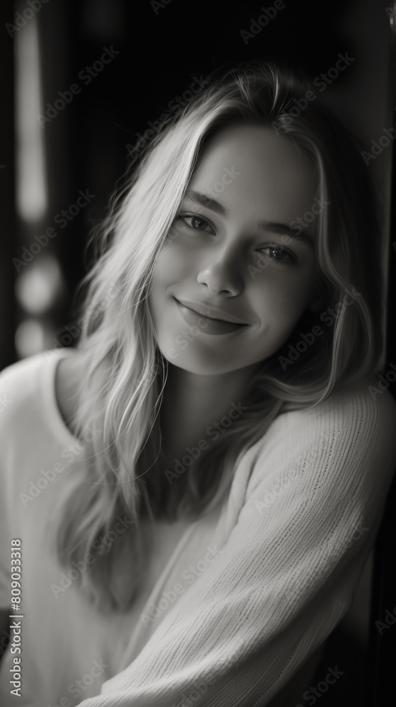 Happy adult woman, with a beaming smile, poses for a portrait as a model, radiating joy and confidence in her white attire. Beautiful face radiating with poise of confident and graceful lady.
