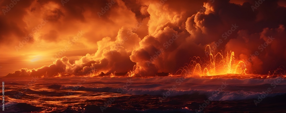 Molten Lava Meets Churning Ocean in Dramatic Explosive Encounter Against Twilight Sky