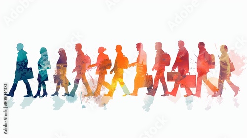 Diverse group of people walking in colorful abstract style useful for themes of diversity and inclusion in business photo
