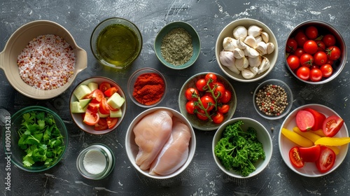 Healthy Meal Prep Layout, Top view of various diet-friendly ingredients like chicken breast, freshly cut vegetables in bowls, and an assortment of spices and herbs photo