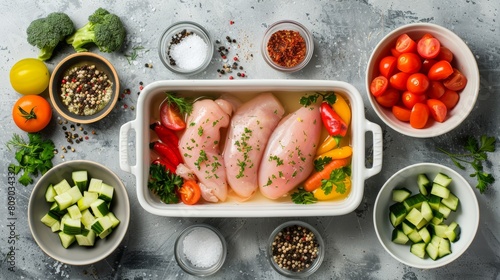 Healthy Meal Prep Layout, Top view of various diet-friendly ingredients like chicken breast, freshly cut vegetables in bowls, and an assortment of spices photo