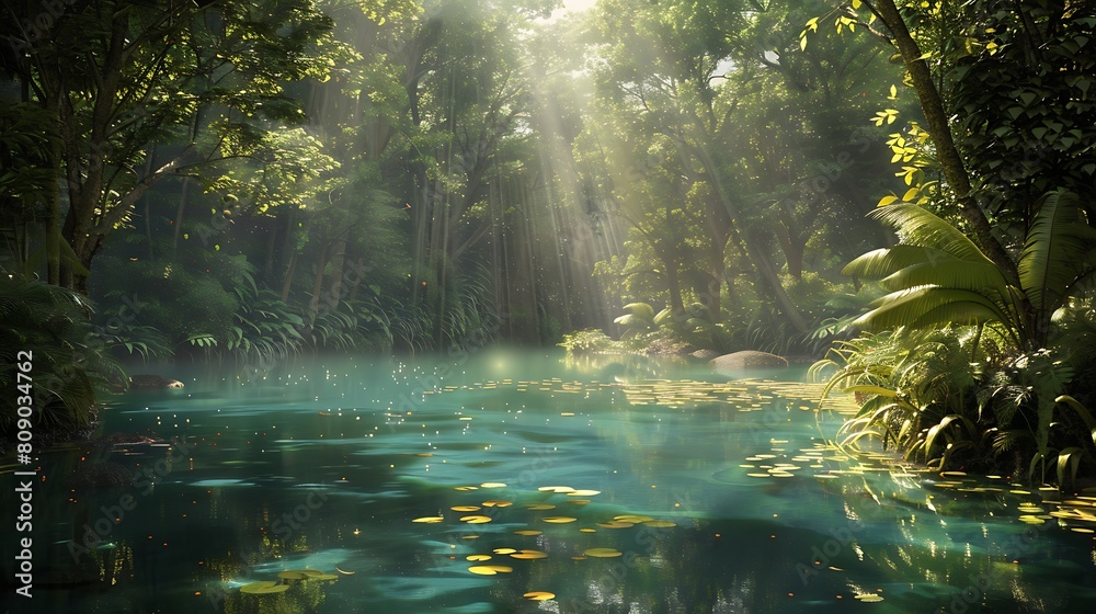 Behold the awe-inspiring spectacle of a pristine lake shimmering under the dappled sunlight filtering through the dense canopy of a tropical jungle.