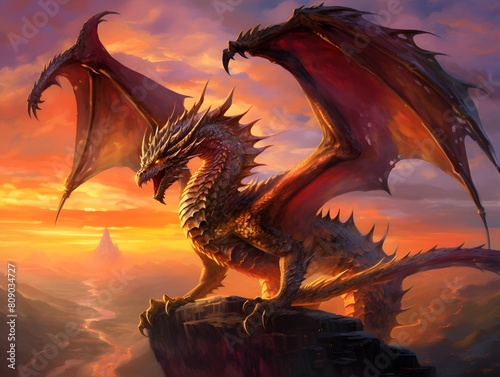 Fantasy dragon flying in the sunset. 3D illustration and 3D rendering. © Iman