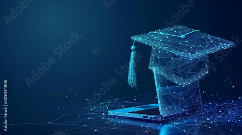 Abstract Graduation Cap on Laptop: Online Education Symbol