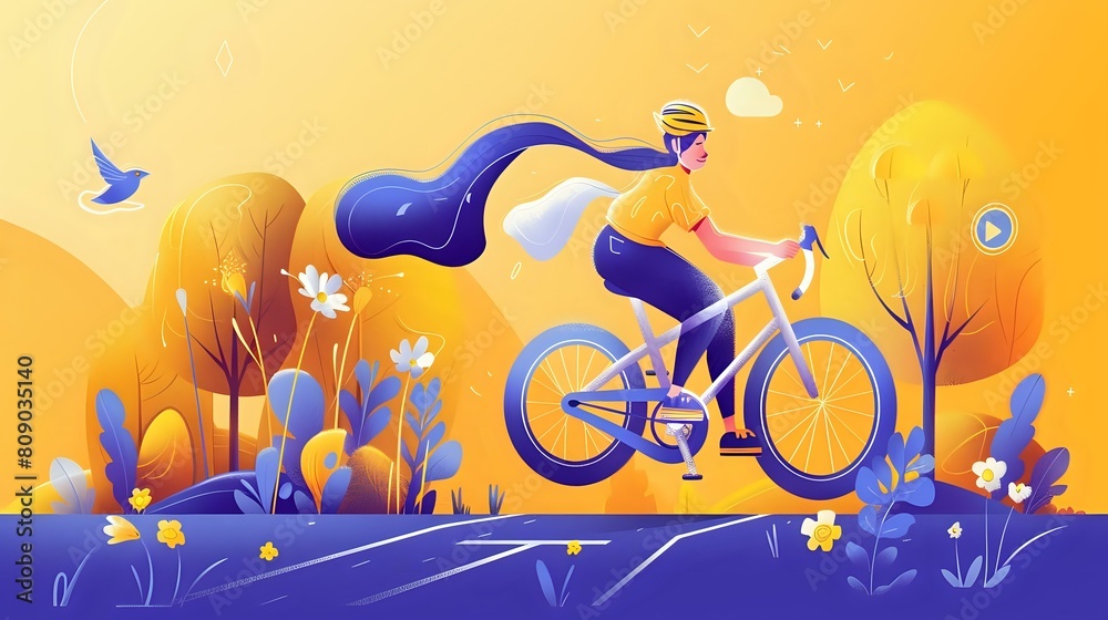 Naklejka premium Euphoric Cycling Experience: Woman Embracing Nature's Serenity