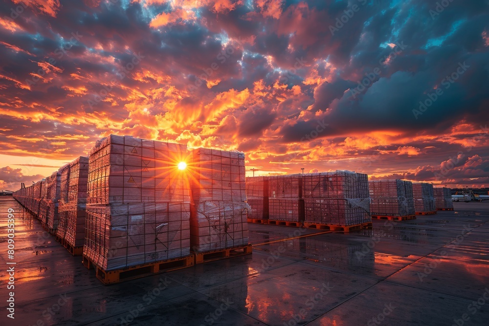 Obraz premium Packed goods on pallets ready for shipment under the glow of a beautiful sunset sky at an industrial port