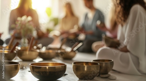 Group of People Participating in a Sound Healing Session with Tibetan Singing Bowls