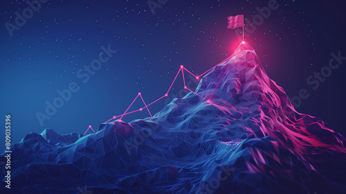 Abstract Growth Concept: Digital Peak with Flag and Arrows Up