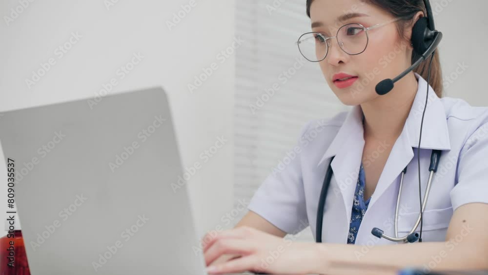 Asian woman doctor in service typing computer laptop chat answer with customer or patient give to consult healthcare at hospital. Asian woman doctor in service typing computer laptop chat answer with customer or patient give to consult healthcare at hospital.