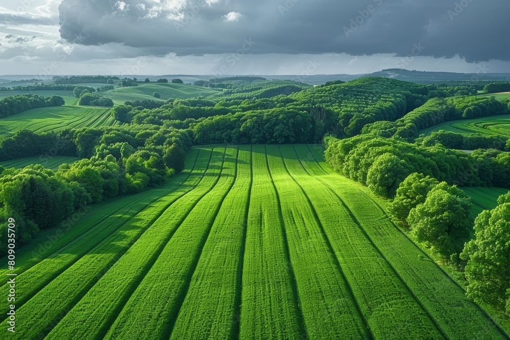 Fototapeta premium Dramatic contrast of sunny green fields set against an approaching storm, highlighting nature's force and beauty