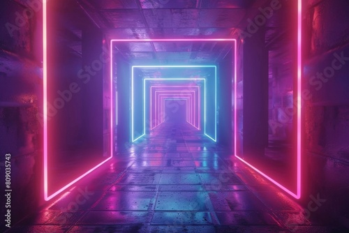 Continuous 3D graphics  vibrant neon tunnel featuring spinning square panels. Dynamic repetitive backdrop