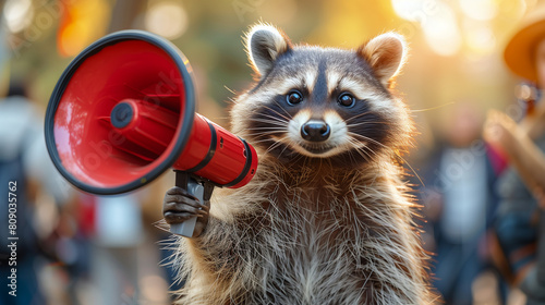 Close-up of a raccoon holding a red megaphone