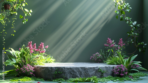 Empty Stone Platform Surrounded by Lush Greenery and Pink Flowers with Sunbeams  
