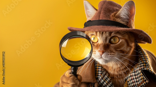 Suspicious Cat in Deerstalker Hat Holding Magnifying Glass
 photo