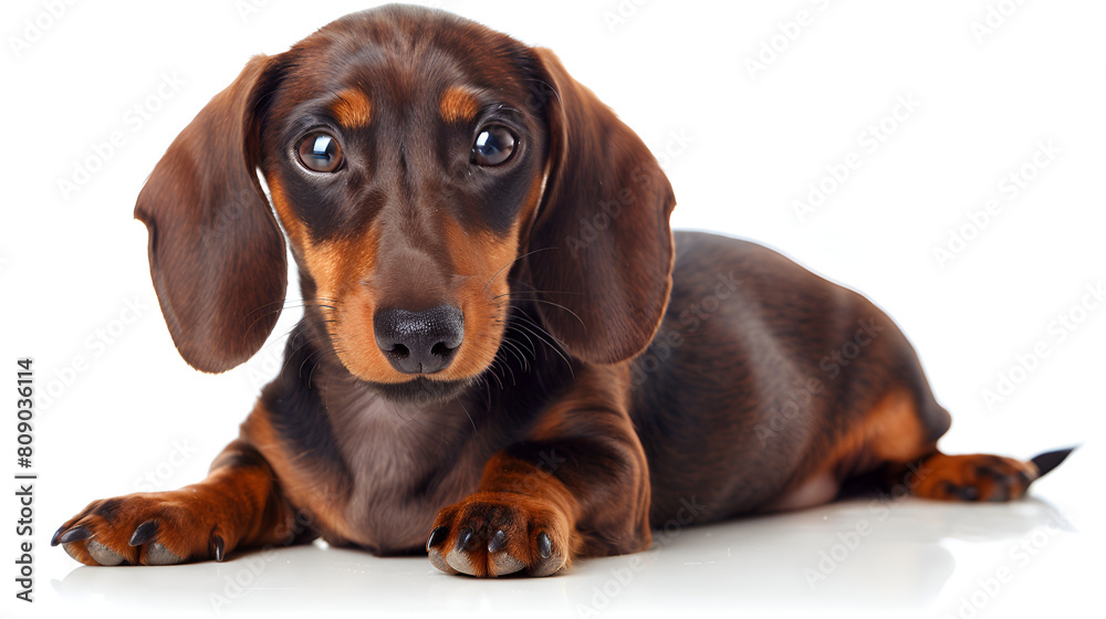 a brown puppy is captured in this photo, peacefully lying on a clean white background. the image is presented in a unique style, with light red and light navy colors creating a visually appealing.