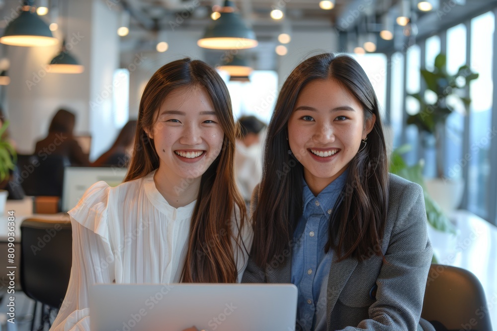 Two beautiful Japanese and Chinese women, smiling in front of their laptops. They both looking happy and focused on good vibe working period In modern bright corporate Office background. Two beautiful Japanese and Chinese women, smiling in front of their laptops. They both looking happy and focused on good vibe working period In modern bright corporate Office background.