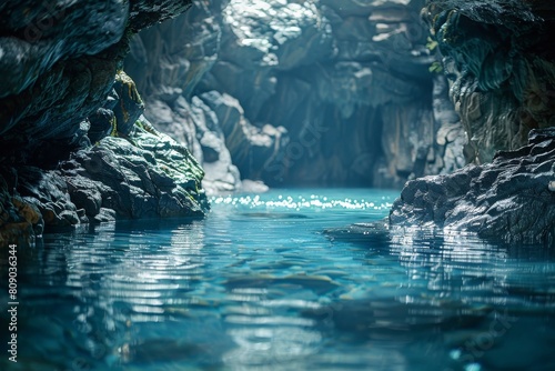 Silky water flows over smooth rocks in a dark cavern  creating a serene and mysterious atmosphere.