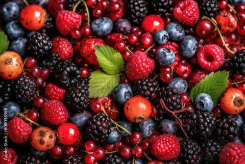 Various berries like raspberries and blackberries are neatly arranged together on a plate  creating a vibrant and colorful display