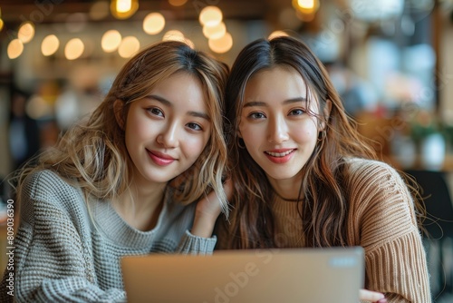 Two beautiful Japanese and Chinese women, smiling in front of their laptops. They both looking happy and focused on good vibe working period In modern bright corporate Office background.