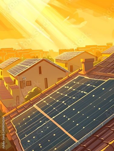 of Solar Panels Glowing on Residential Rooftops Harvesting Clean Energy photo