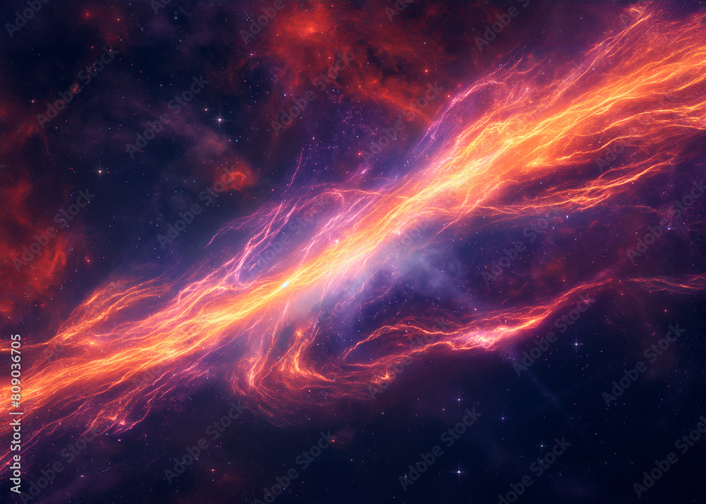 A long, orange, glowing line of fire in space. The fire is surrounded by a blue-violet sky. Milky Way in space, comet.