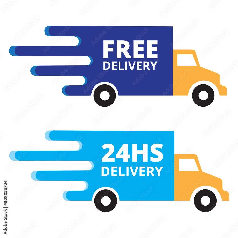 Furgón Delivery Free y 24 hs sobre un fondo blanco aislado. Vista de frente y de cerca Furgón Delivery Free y 24 hs sobre un fondo blanco aislado. Vista de frente y de cerca