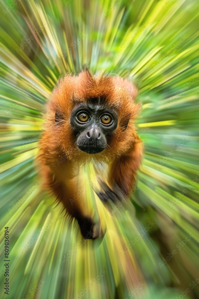 Fototapeta premium A small monkey hangs from a tree branch in a lush forest setting, showcasing its agile movements in its natural habitat