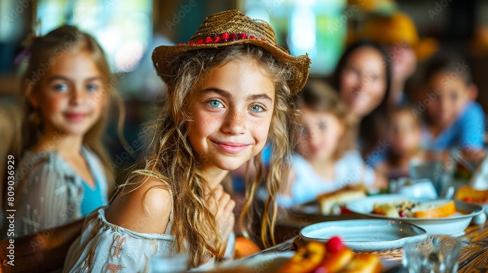 Happy young girl with friends at the table