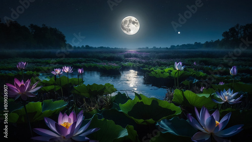 Loy Krathong festival with colorful candles light and full moon in Thailand background. Floating ritual banana leaves vessel lamp and lotus flower into the 