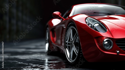A red sports car with black tires is parked on a race track. Wet asphalt. Generative AI