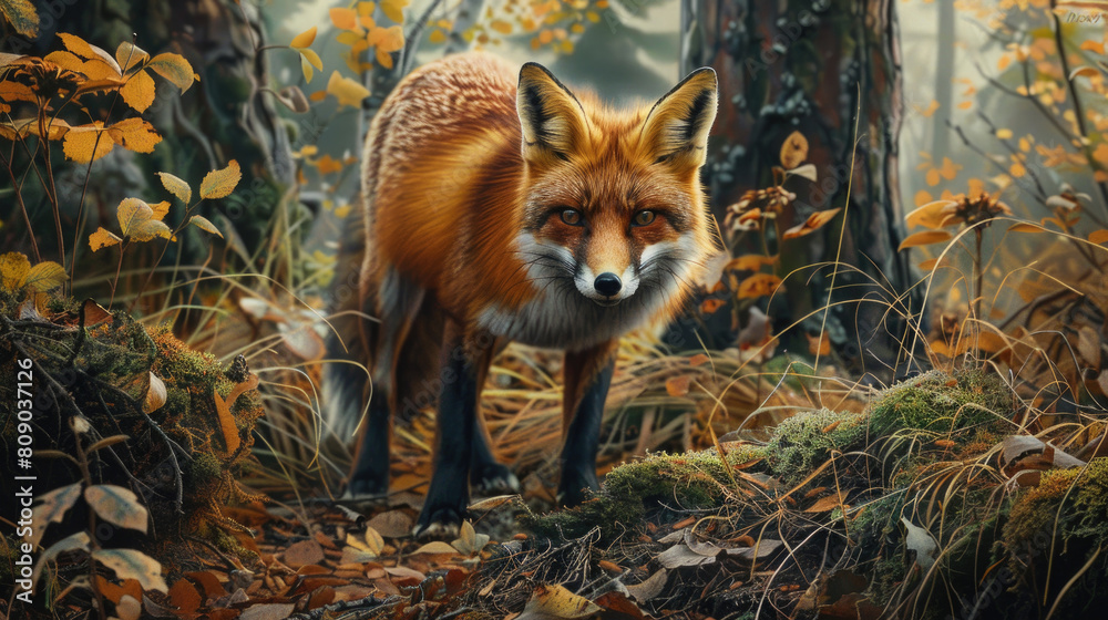 Obraz premium A realistic painting of a fox in its natural habitat, surrounded by lush green trees in a forest setting