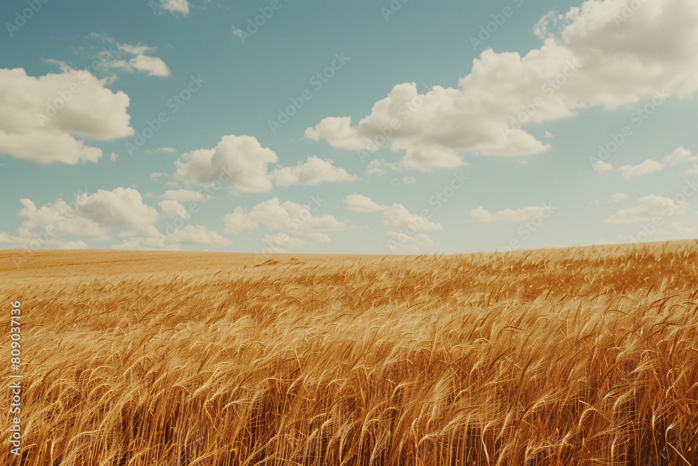 Golden wheat field illuminated by warm sunlight under a clear blue sky with fluffy clouds