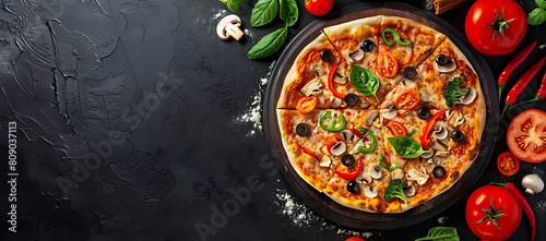 Delicious italian pizza with mushrooms, pepper, tomatoes and basil on black slate background,copy space for text.