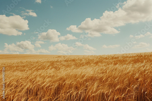 Golden wheat field illuminated by warm sunlight under a clear blue sky with fluffy clouds