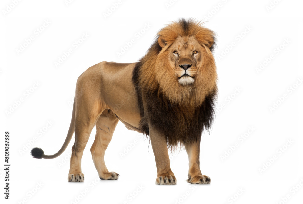A majestic lion standing proudly on a plain white background, showcasing its strength and beauty