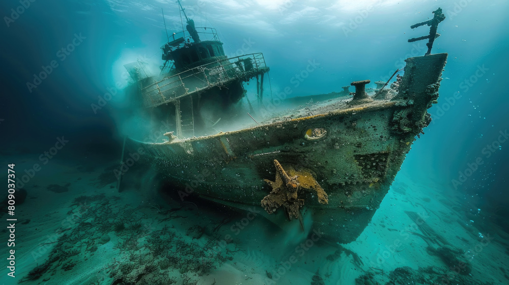A ship glides through the water as a scuba diver explores the area nearby A ship glides through the water as a scuba diver explores the area nearby
