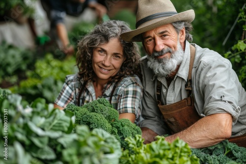 An energetic couple smiles as they harvest fresh kale in a lush garden, illustrating teamwork
