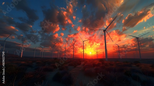 Renewable Energy in Motion: Wind Turbines Harnessing Sunset's Golden Hour Potential