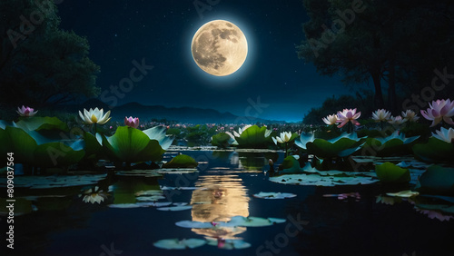 Loy Krathong festival with colorful candles light and full moon in Thailand background. Floating ritual banana leaves vessel lamp and lotus flower into the
 photo