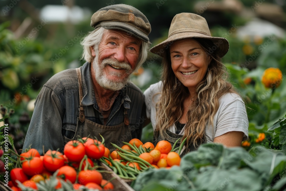 Obraz premium A smiling man and woman take a break from their work to present their robust tomato harvest, exemplifying hard work