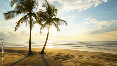 Beautiful beach with palm trees at sunset