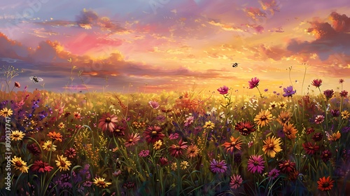 Beneath a sky ablaze with the colors of sunset  a field of wildflowers stretches out as far as the eye can see. Each blossom sways gently in the breeze  their 