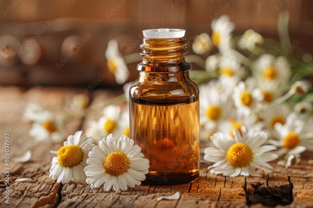 A phial of essential oil placed gently among white daisy flowers, bathed in warm, inviting light A phial of essential oil placed gently among white daisy flowers, bathed in warm, inviting light