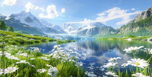 A picturesque mountain landscape with snowcapped peaks  reflecting in the clear blue sky and surrounded by lush greenery and vibrant wildflowers.