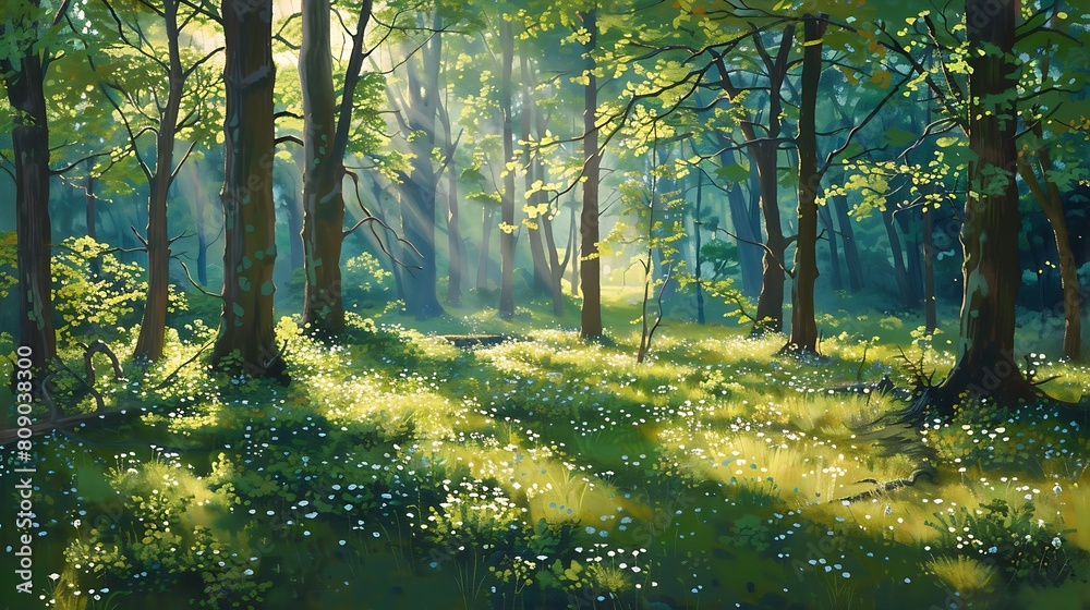 Bask in the tranquil beauty of a lush forest glade, where sunlight filters through the canopy, casting dappled shadows on the forest floor below.